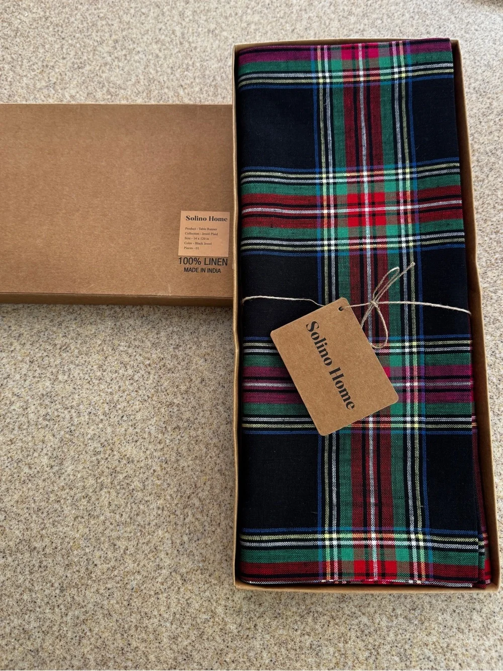 Solino Home Pure Linen 120” Table Runner Black Jewel Plaid Ralph Aesthetic NEW